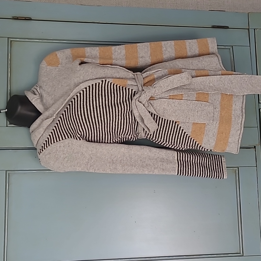 Anthropologie Sparrow Lambswool Grey Contrast Stripe Hooded Cardigan Sweater